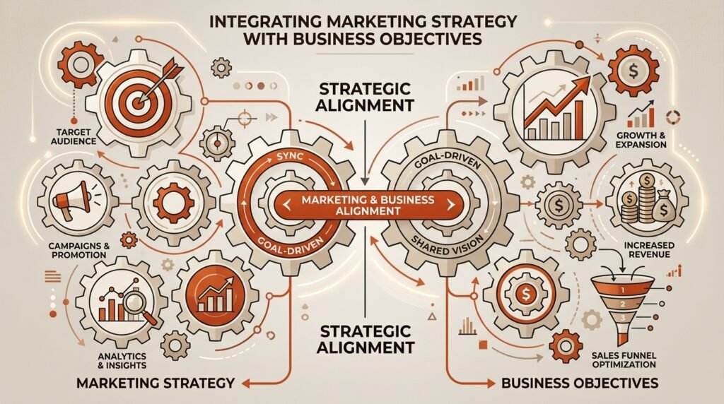 Engranajes conectados entre estrategia de marketing y objetivos de negocio, representando su alineación integrada.