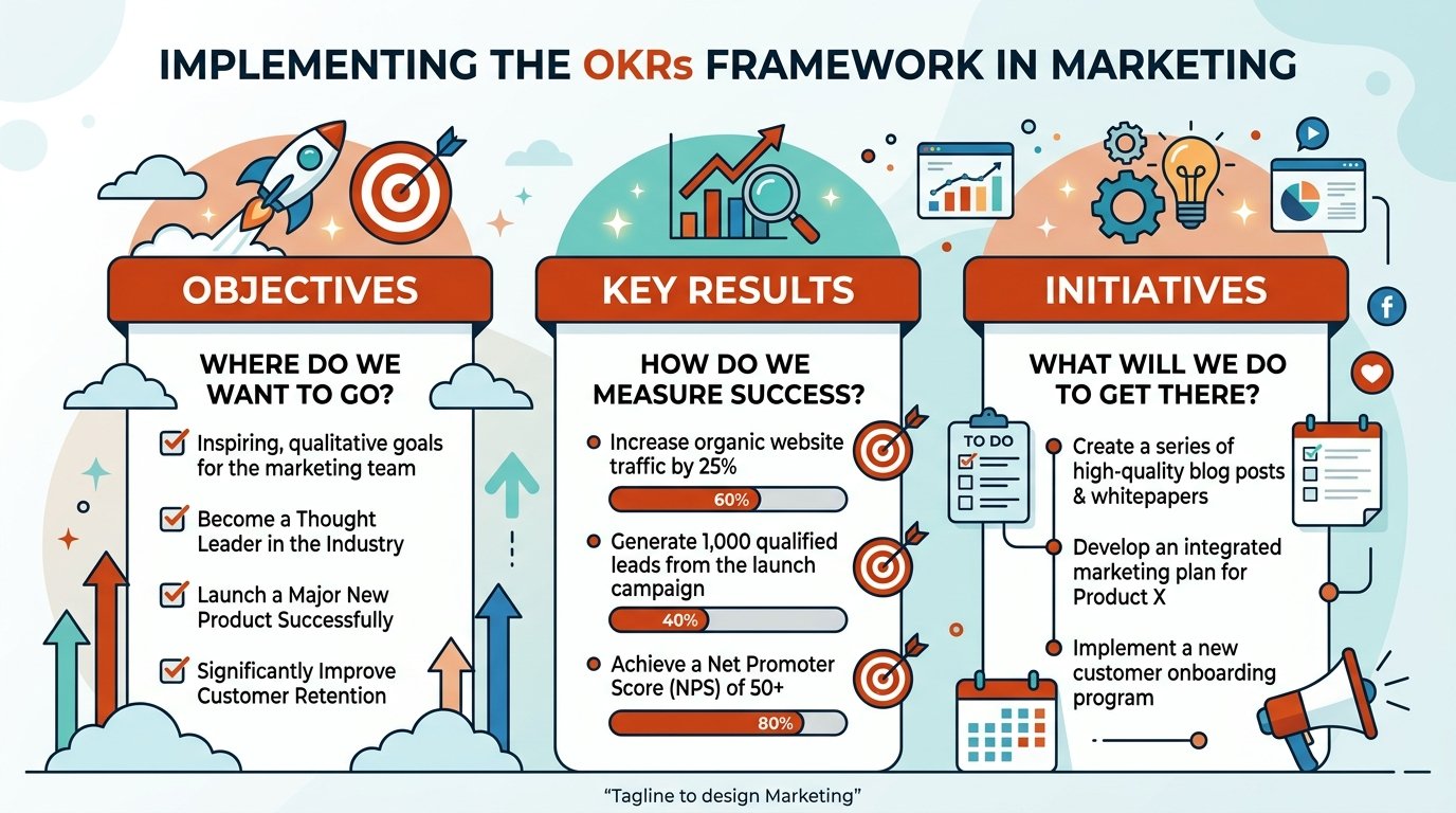 Marco de OKRs en marketing con objetivos, resultados clave e iniciativas organizadas en pilares conectados.