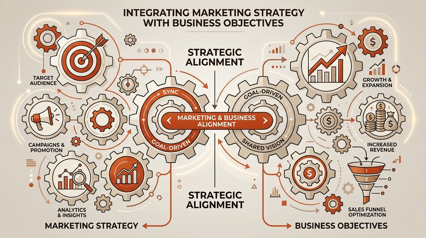 Engranajes conectados entre estrategia de marketing y objetivos de negocio, representando su alineación integrada.