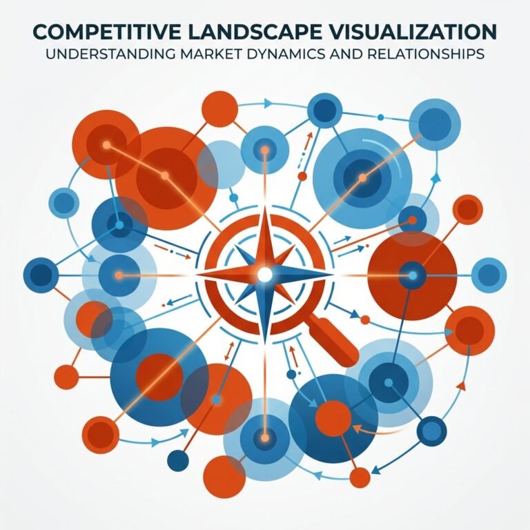 Visualización abstracta de un análisis competitivo con círculos conectados en naranja y azul, símbolo de brújula en el cen...