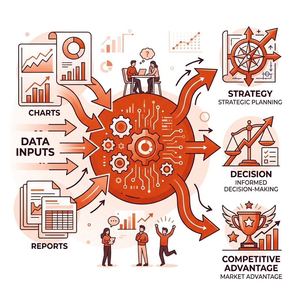 Flujo de transformación de datos en acciones: entrada de información, procesamiento central en naranja, salida en tres est...
