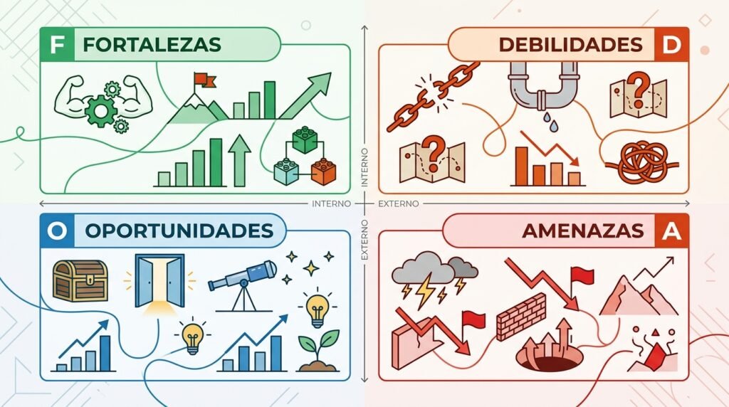 Matriz DAFO dividida en cuatro cuadrantes de colores que representan fortalezas, debilidades, oportunidades y amenazas de