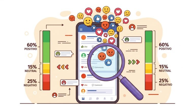 Pantalla de teléfono mostrando análisis de sentimiento en redes sociales con emojis y reacciones clasificadas por percepción