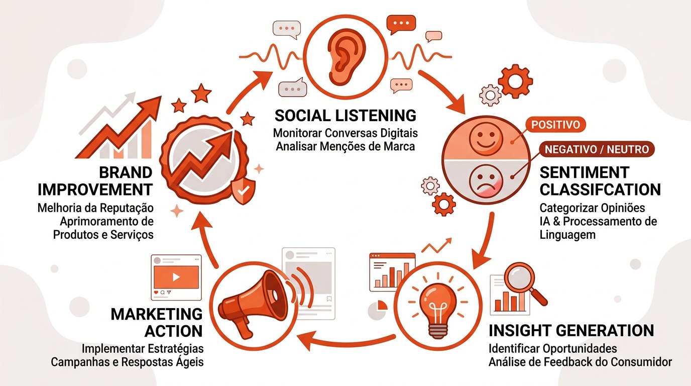 Ciclo de integración del análisis de sentimiento en estrategia de marketing: escucha, clasificación, insights, acciones y