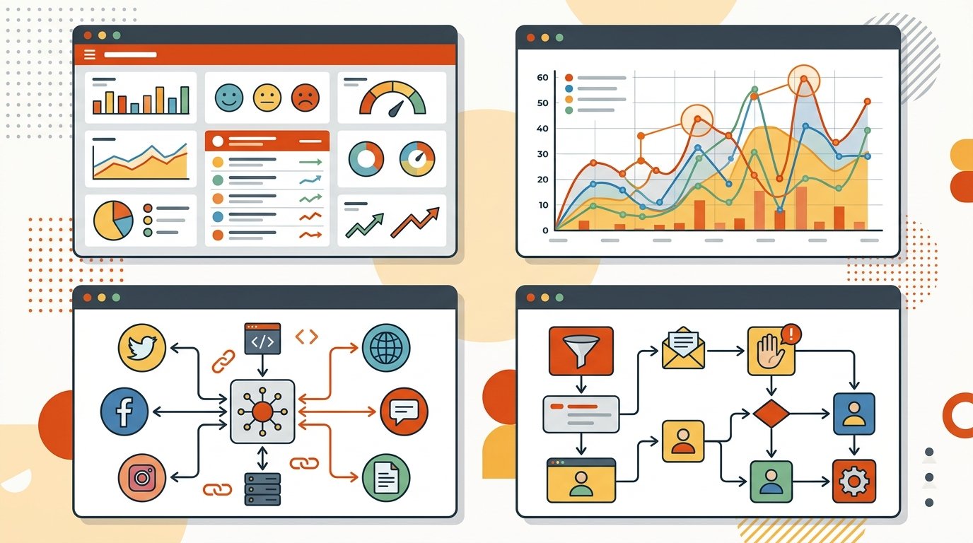 Conjunto de herramientas de análisis de sentimiento representadas como interfaces y dashboards con gráficos de datos y