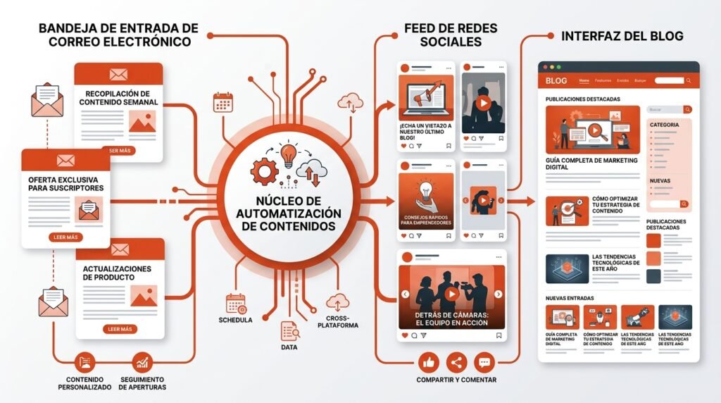 Tres canales de distribución multicanal (email, redes sociales y blog) conectados a un hub central de automatización de