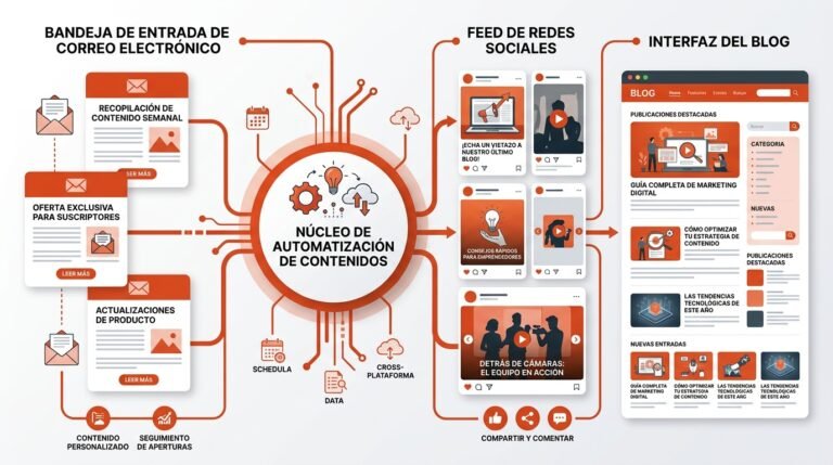 Tres canales de distribución multicanal (email, redes sociales y blog) conectados a un hub central de automatización de