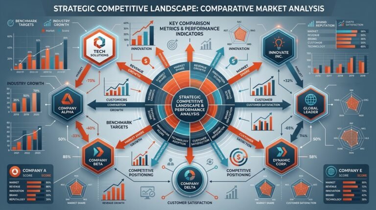 Mapa estratégico de benchmarking competitivo con empresas conectadas por métricas de comparación y análisis de desempeño.
