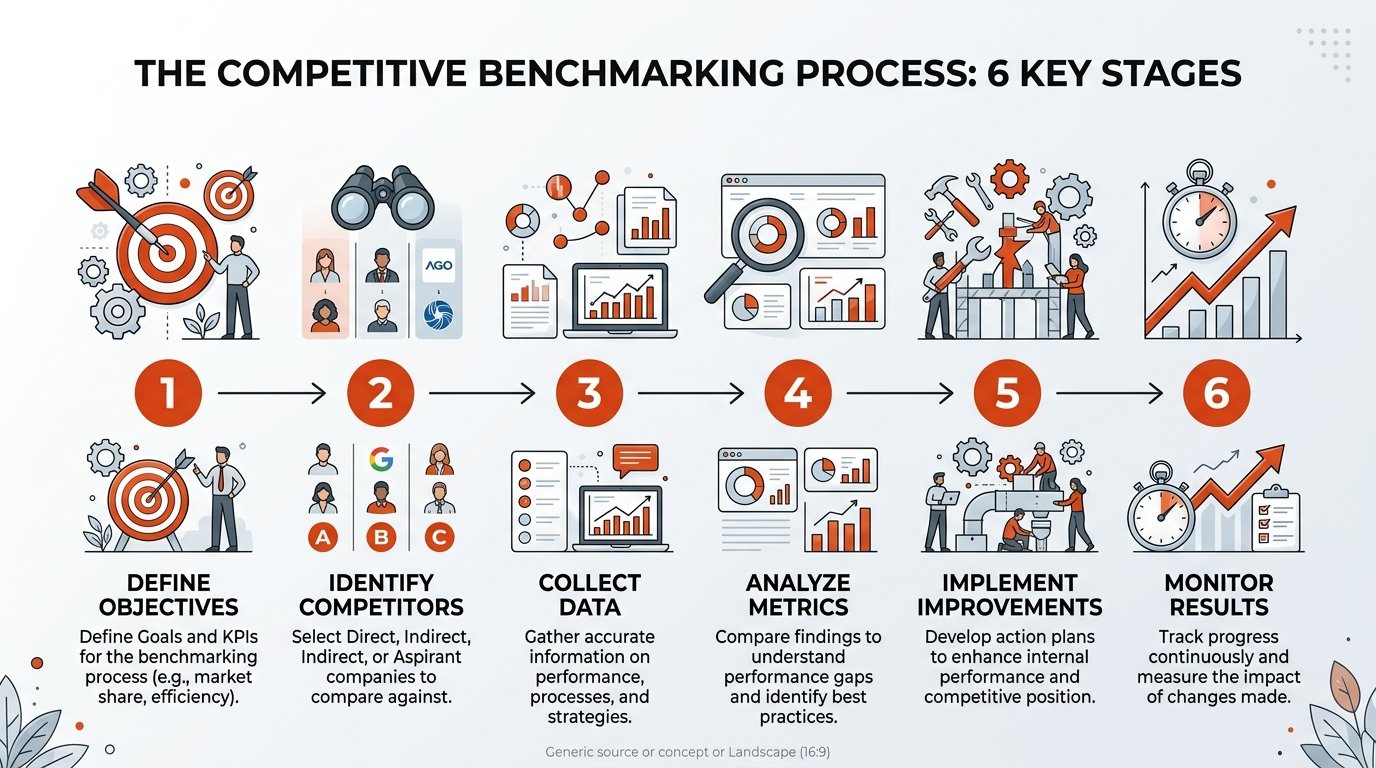Pasos secuenciales del benchmarking: definir objetivos, identificar competidores, recopilar datos, analizar métricas,