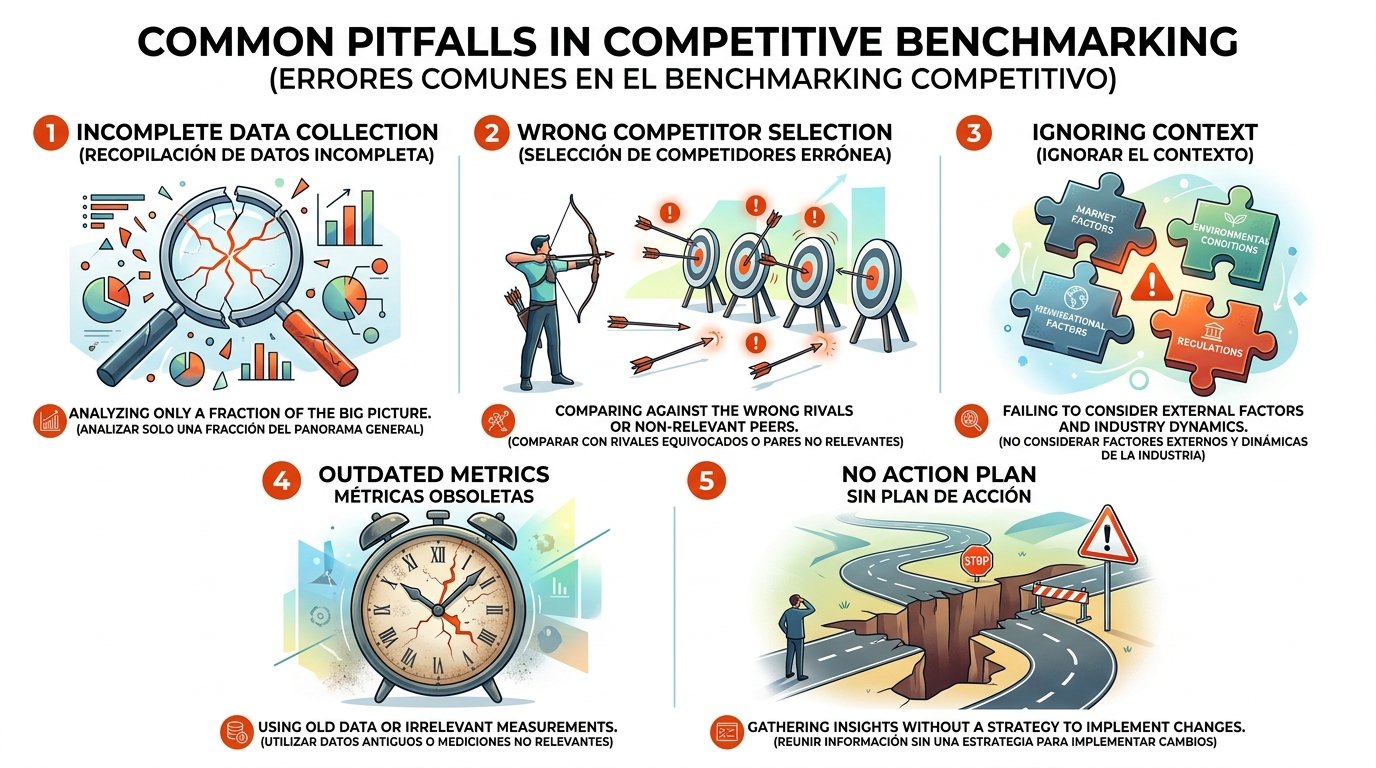 Errores comunes en benchmarking: recopilación incompleta, selección incorrecta de competidores, métricas desactualizadas y