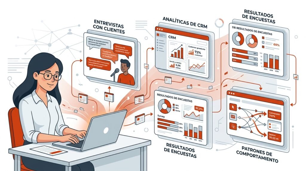 Flujo de extracción de datos de buyer persona con investigación primaria, CRM y análisis de comportamiento de clientes.