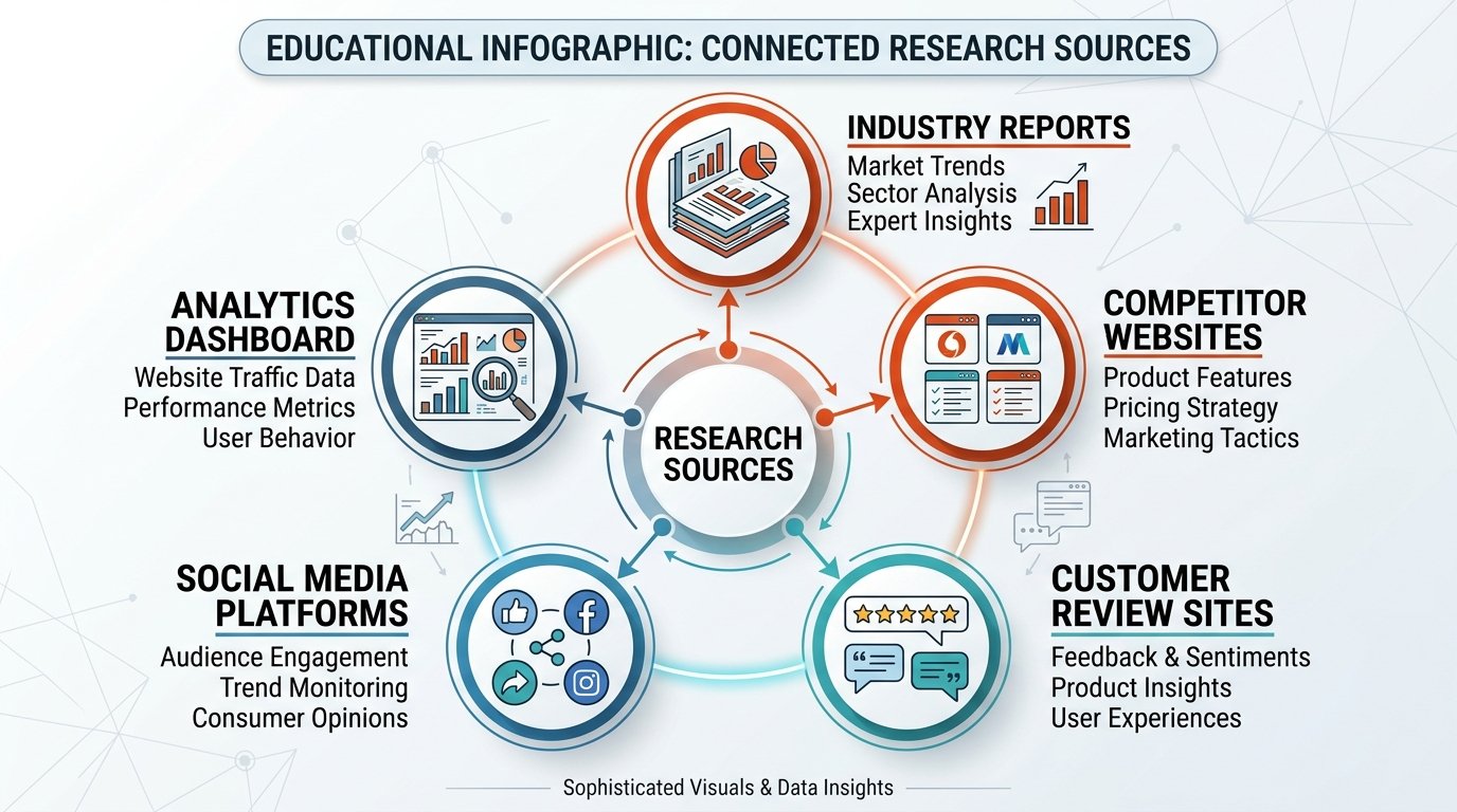Fuentes de investigación secundaria: analítica web, redes sociales, reportes de industria, análisis competitivo y reseñas de