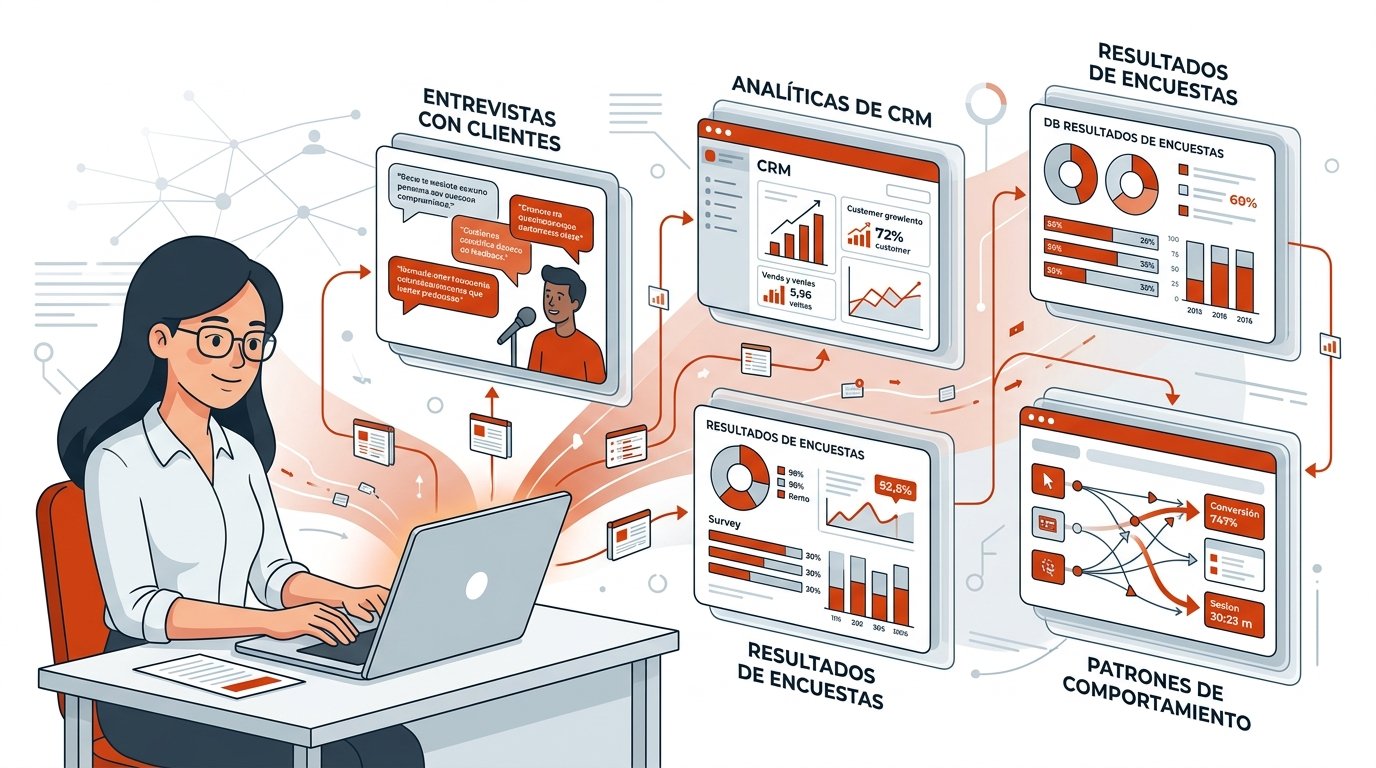 Flujo de extracción de datos de buyer persona con investigación primaria, CRM y análisis de comportamiento de clientes.