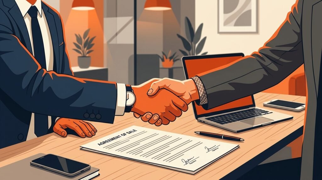 Dos profesionales cierran un acuerdo con un apretón de manos sobre una mesa con contrato.