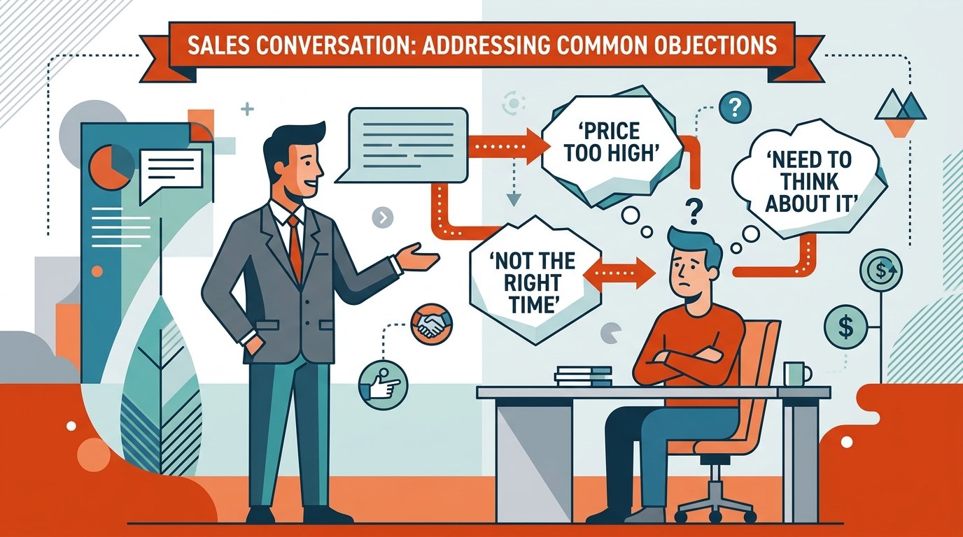 Sales conversation with dialogue bubbles showing common objections such as high price and timing.