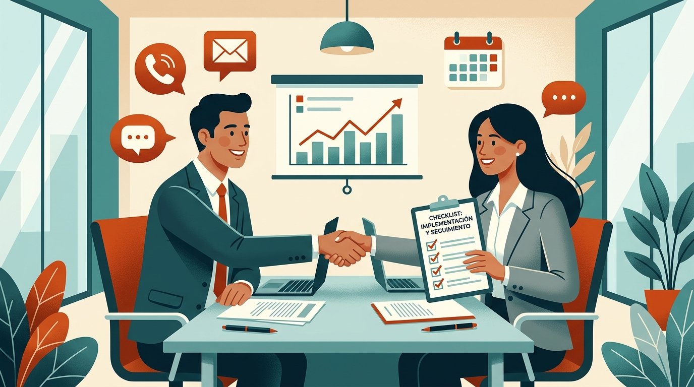 Salesperson and customer in an after-sales follow-up meeting with documents and communication tools.