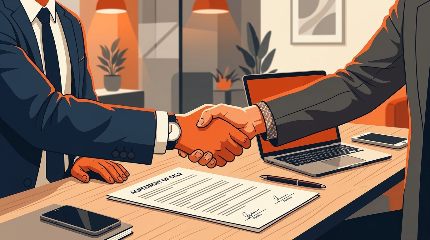 Dos profesionales cierran un acuerdo con un apretón de manos sobre una mesa con contrato.