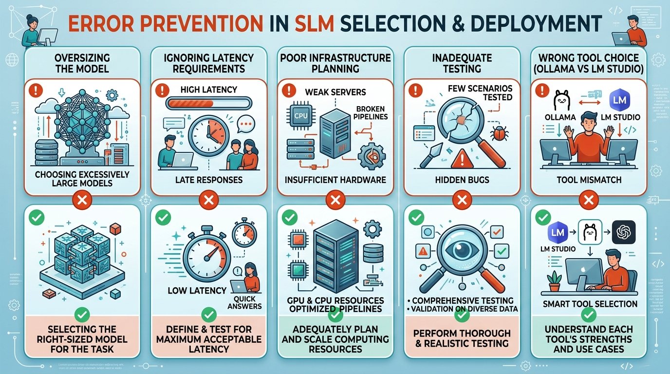 Errores comunes en la selección de SLM: dimensionamiento excesivo, ignorar latencia, infraestructura inadecuada, testing insuficiente