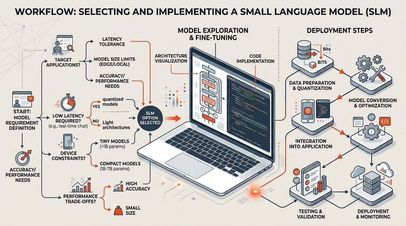 Flujo de selección e implementación de SLM con criterios técnicos, arquitectura de modelos y pasos de despliegue local en un proyecto real