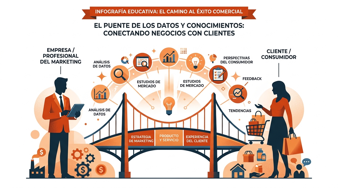 Puente visual conectando empresa y cliente con iconos de datos e insights en naranja y gris.