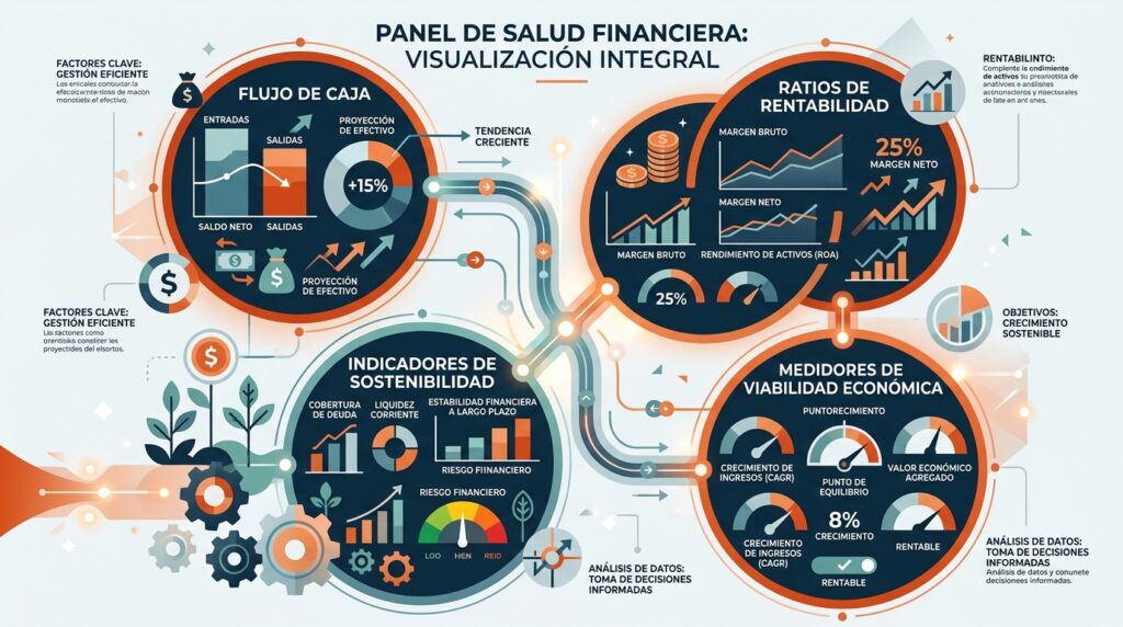 Panel de control de diagnóstico financiero con métricas de salud económica, ratios y sostenibilidad conectadas en diseño