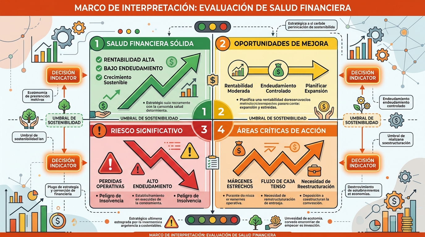 Matriz de interpretación de diagnóstico financiero con zonas de salud económica (verde, amarillo, rojo) y indicadores de