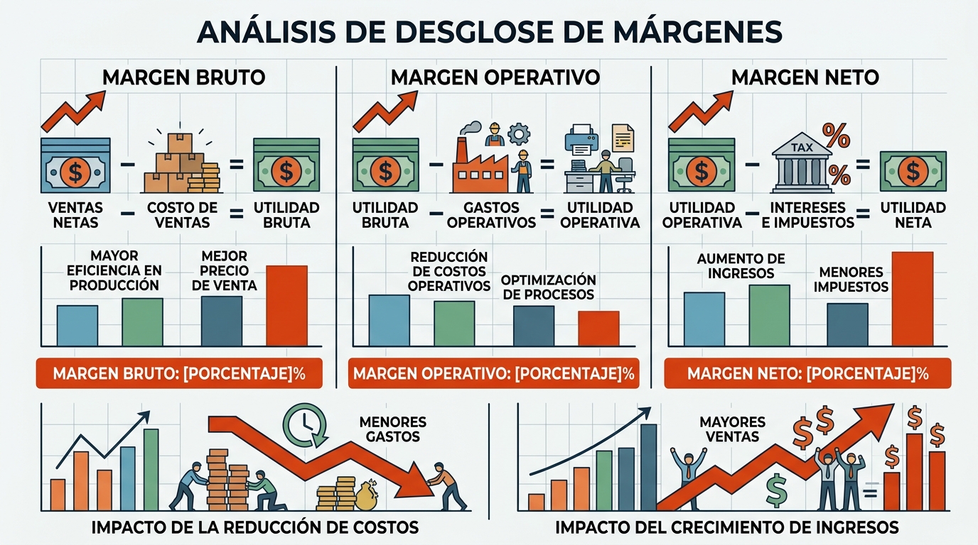 Análisis de márgenes financieros mostrando margen bruto, operacional y neto con tendencias de rentabilidad y ratios