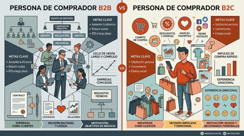 Comparación visual de diferencias B2B B2C: lado izquierdo muestra múltiples decisores empresariales con gráficos y