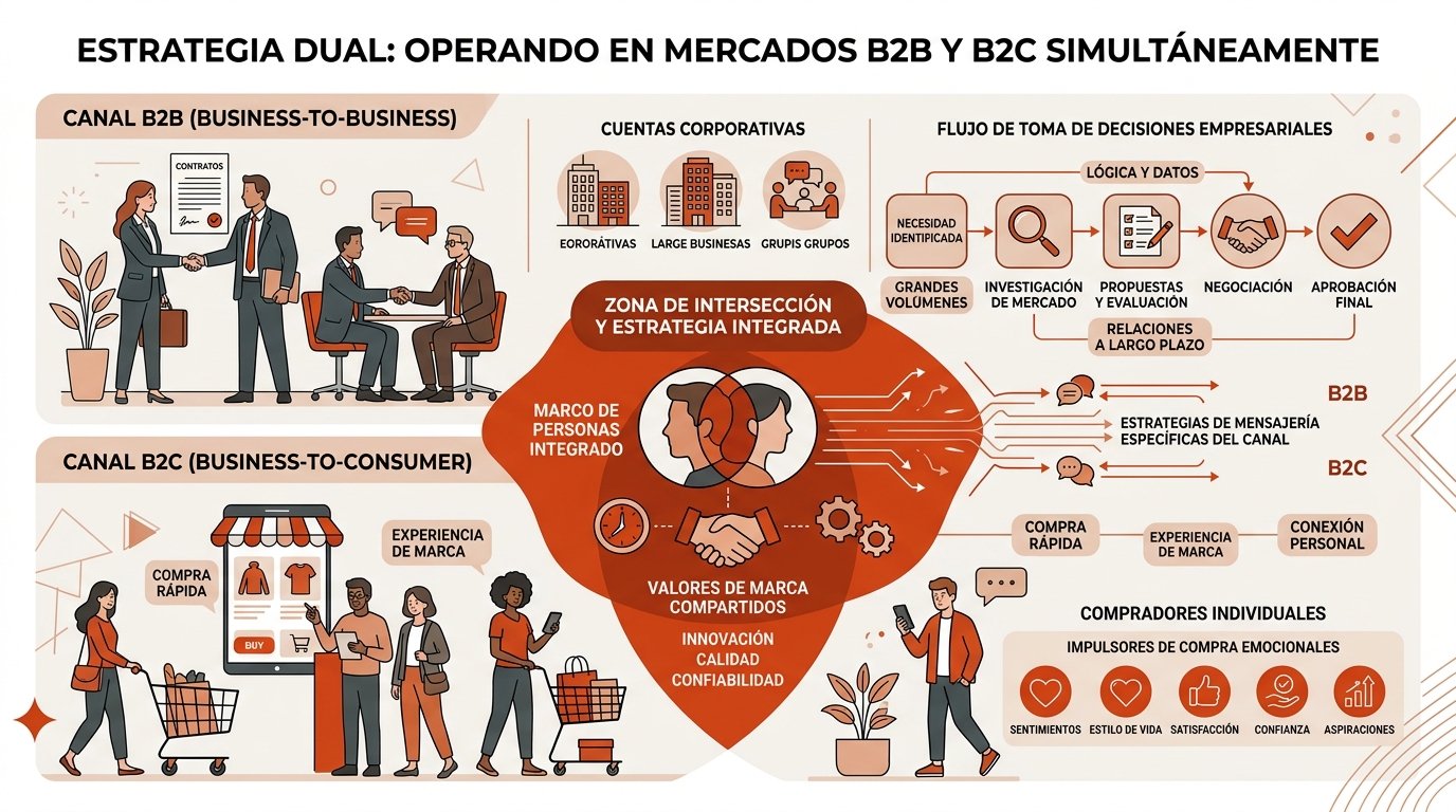 Empresa operando B2B y B2C: canales separados con decisores empresariales arriba y consumidores individuales abajo; zona