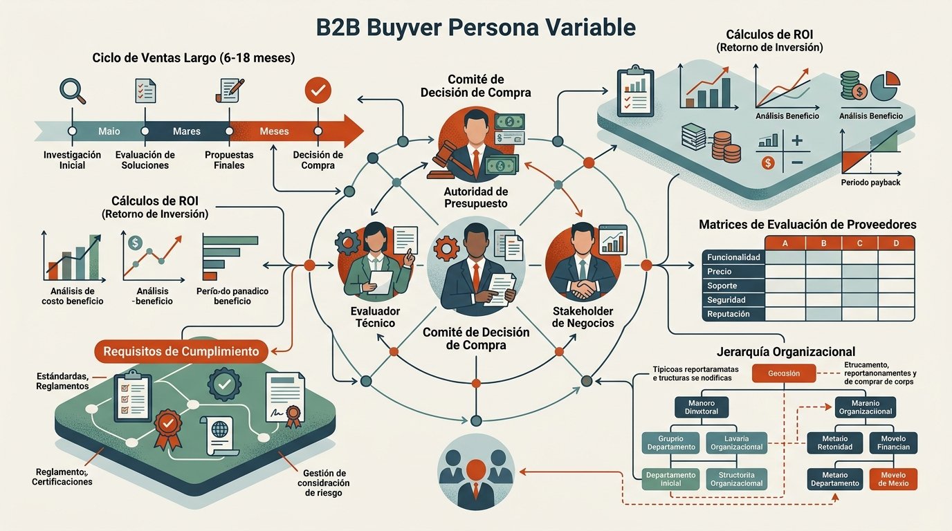 Variables B2B: múltiples decisores, ciclo de venta largo, criterios racionales, ROI y requisitos de cumplimiento
