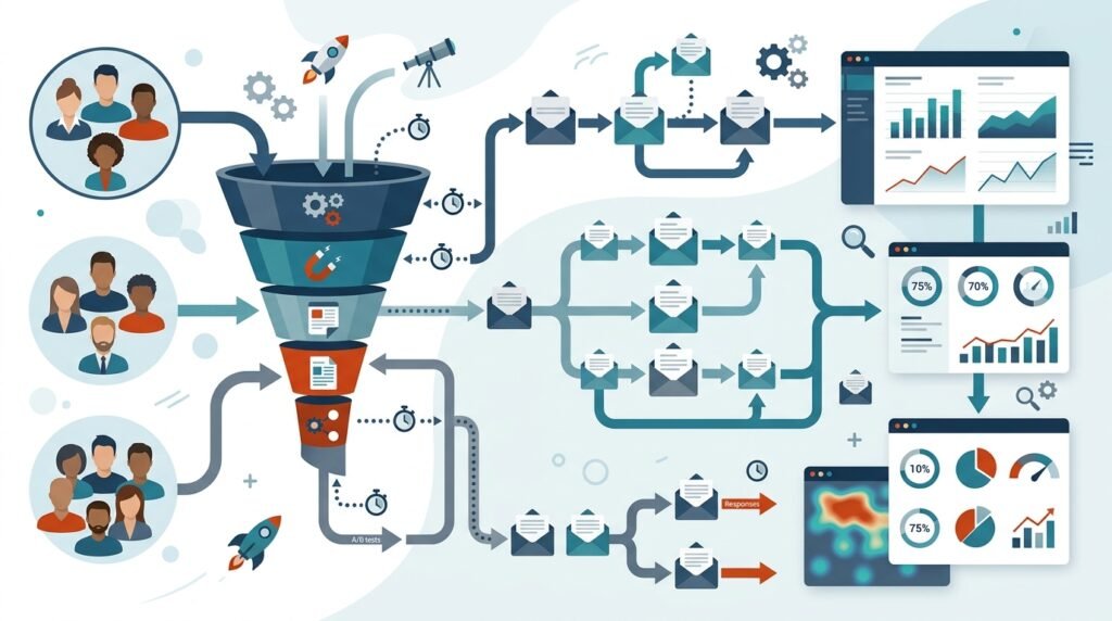 Infografía de email marketing mostrando segmentación de listas, flujos automatizados y métricas de rendimiento en diseño