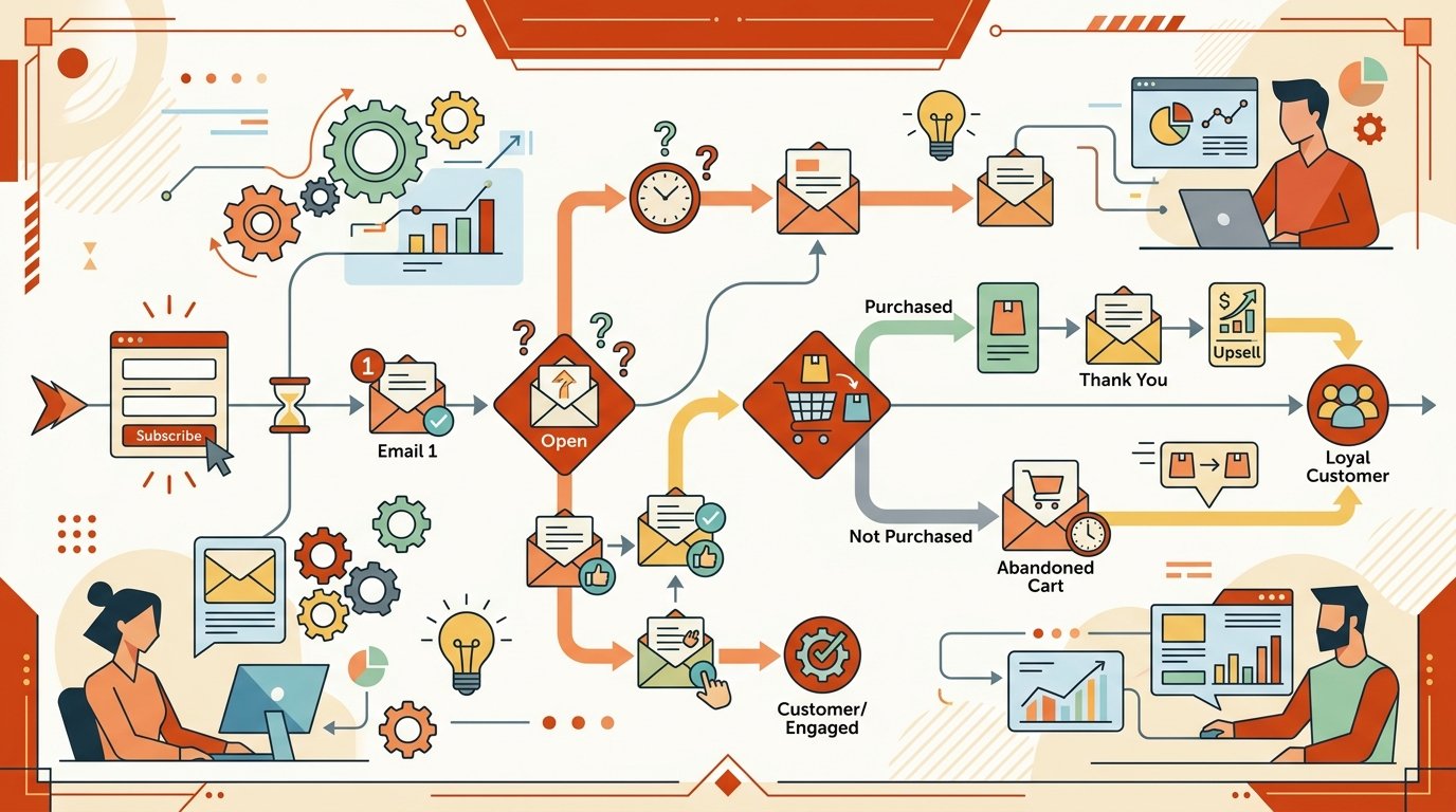 Diagrama de automatización de emails con flujos condicionales, puntos de activación y secuencias temporales de envío.