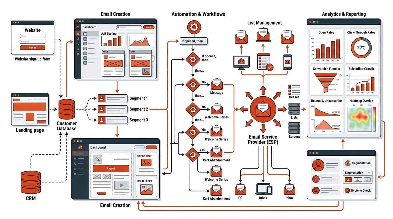 Conjunto de herramientas de email marketing conectadas mostrando integración de datos, automatización y análisis de campañas.