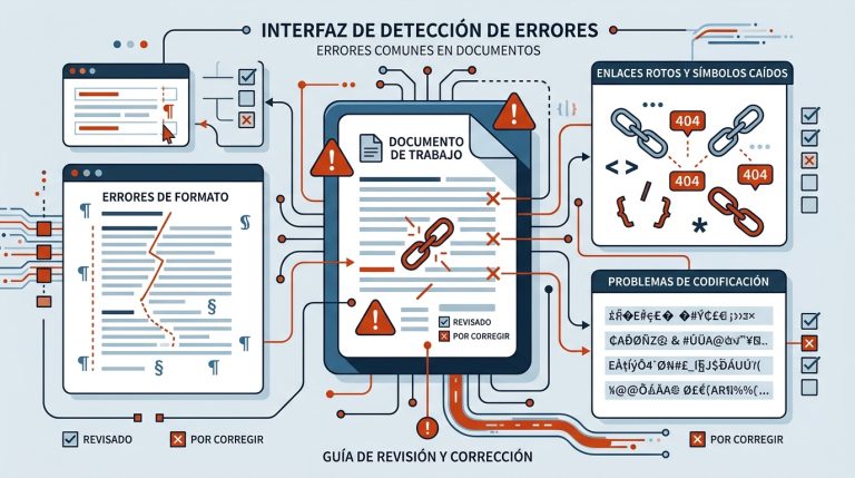 Interfaz de revisión de errores llms.txt con símbolos de advertencia, enlaces rotos y marcas de corrección en naranja