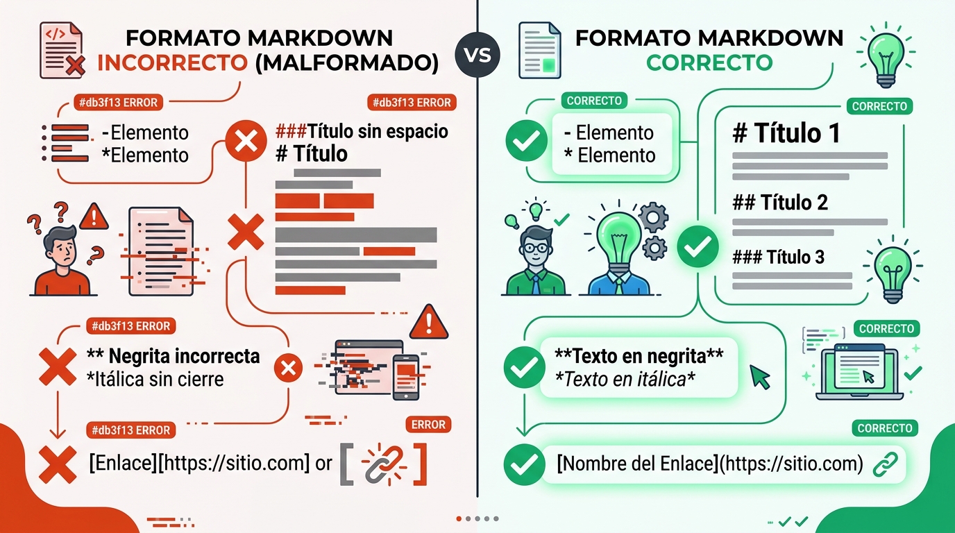 Comparativa visual entre Markdown mal formado con errores en naranja y Markdown correctamente estructurado con validación.