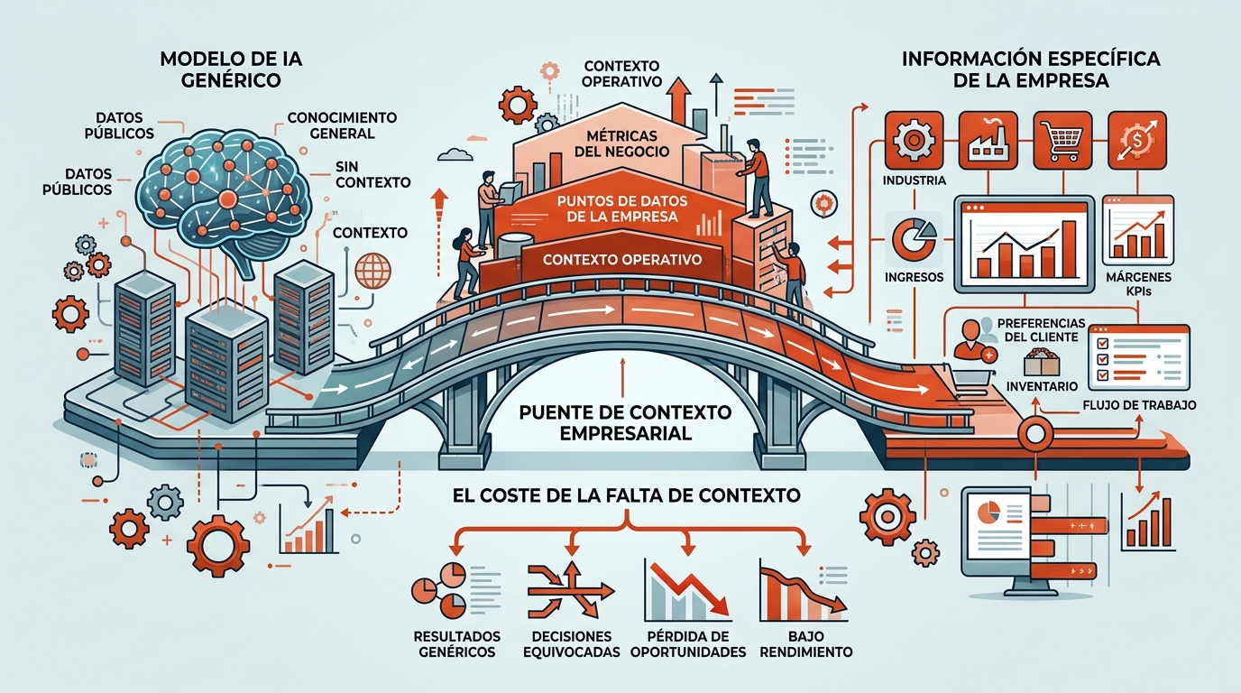Diagrama conceptual mostrando la brecha entre un modelo de IA genérico y el contexto empresarial específico que falta en llms.txt