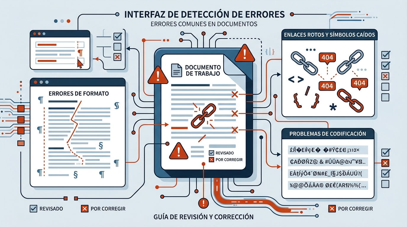 Interfaz de revisión de errores llms.txt con símbolos de advertencia, enlaces rotos y marcas de corrección en naranja