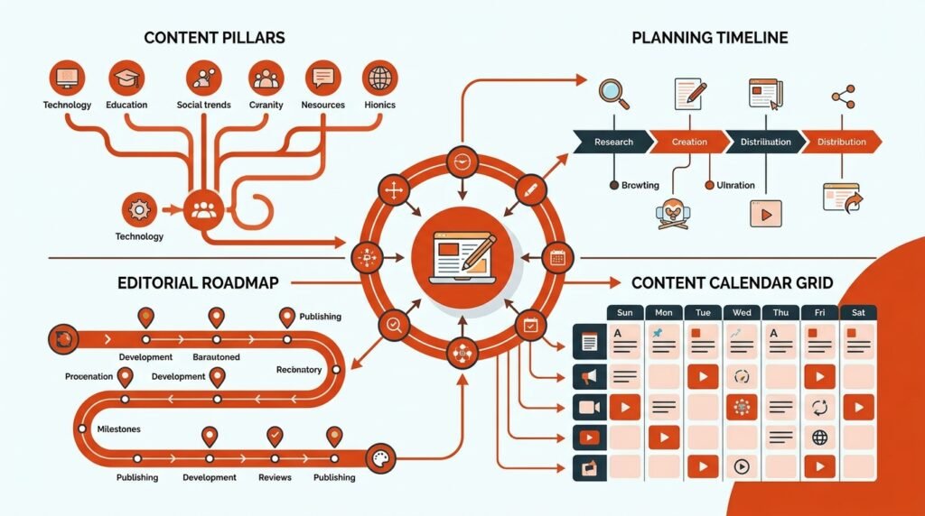 Infografía de estrategia de contenidos con calendario editorial, planificación y flujo de trabajo integrado en diseño
