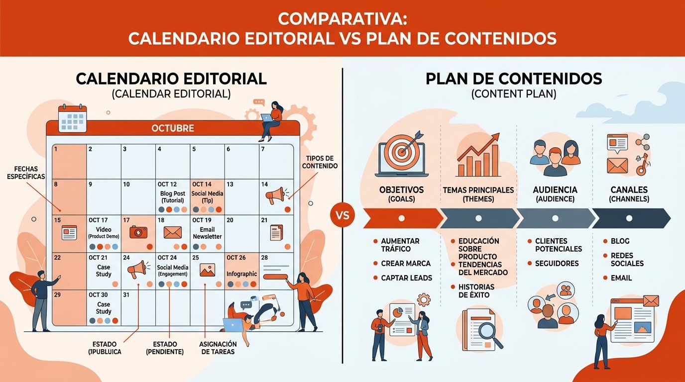 Comparación visual entre calendario editorial con fechas específicas y plan de contenidos con objetivos estratégicos.