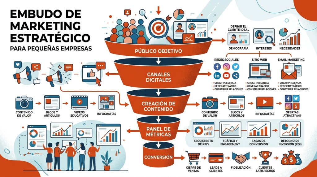 Embudo estratégico de marketing digital para pymes con pasos conectados desde audiencia objetivo hasta conversión, con
