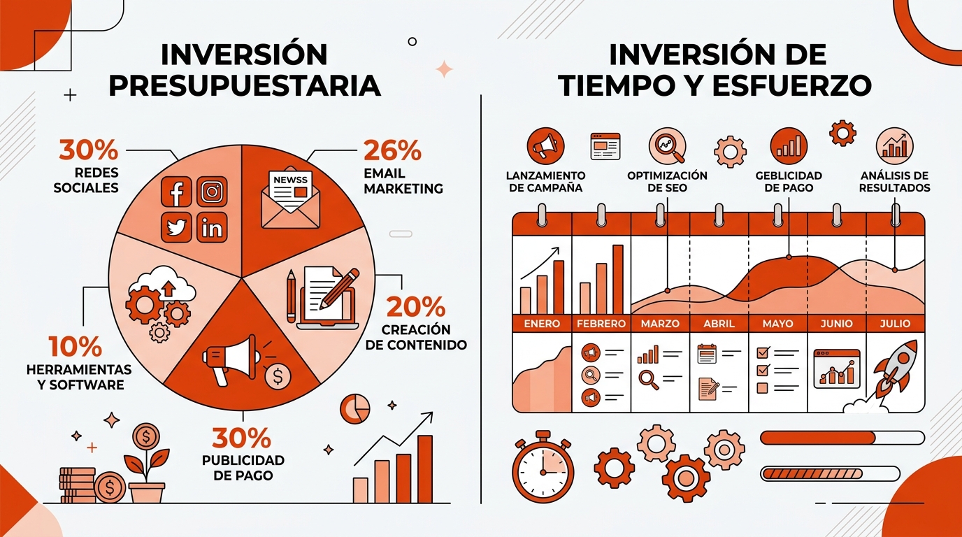 Gráficos de presupuesto y tiempo para marketing digital en pymes: distribución de inversión mensual y asignación de recursos