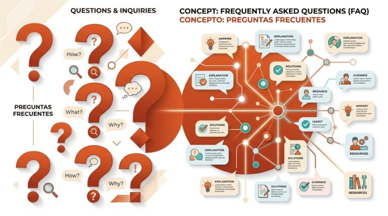 Infografía educativa sobre FAQ con símbolos de preguntas frecuentes conectadas en red sobre fondo blanco.