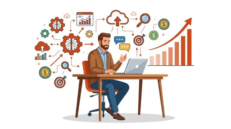 Emprendedor de pyme frente a laptop rodeado de iconos de IA y elementos de flujo de trabajo, con gráfico de crecimiento