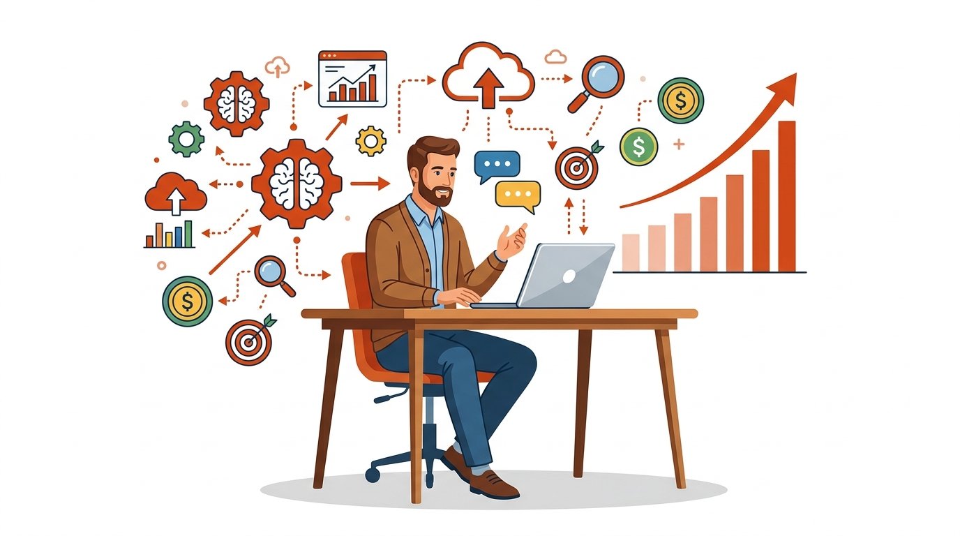 Emprendedor de pyme frente a laptop rodeado de iconos de IA y elementos de flujo de trabajo, con gráfico de crecimiento
