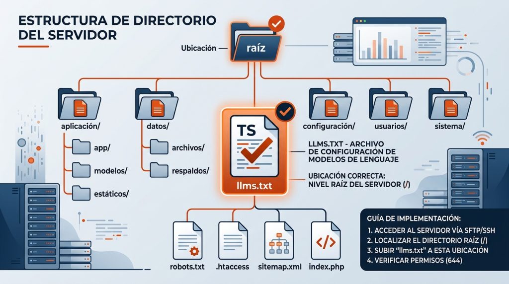 Estructura de servidor con archivo llms.txt en la raíz del sitio, destacado en naranja.