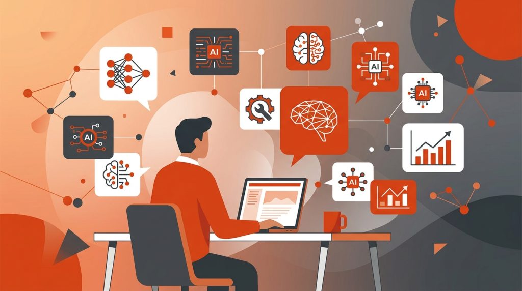Empresario con laptop rodeado de iconos de inteligencia artificial y flujos de datos conectados en tonos naranja y gris.