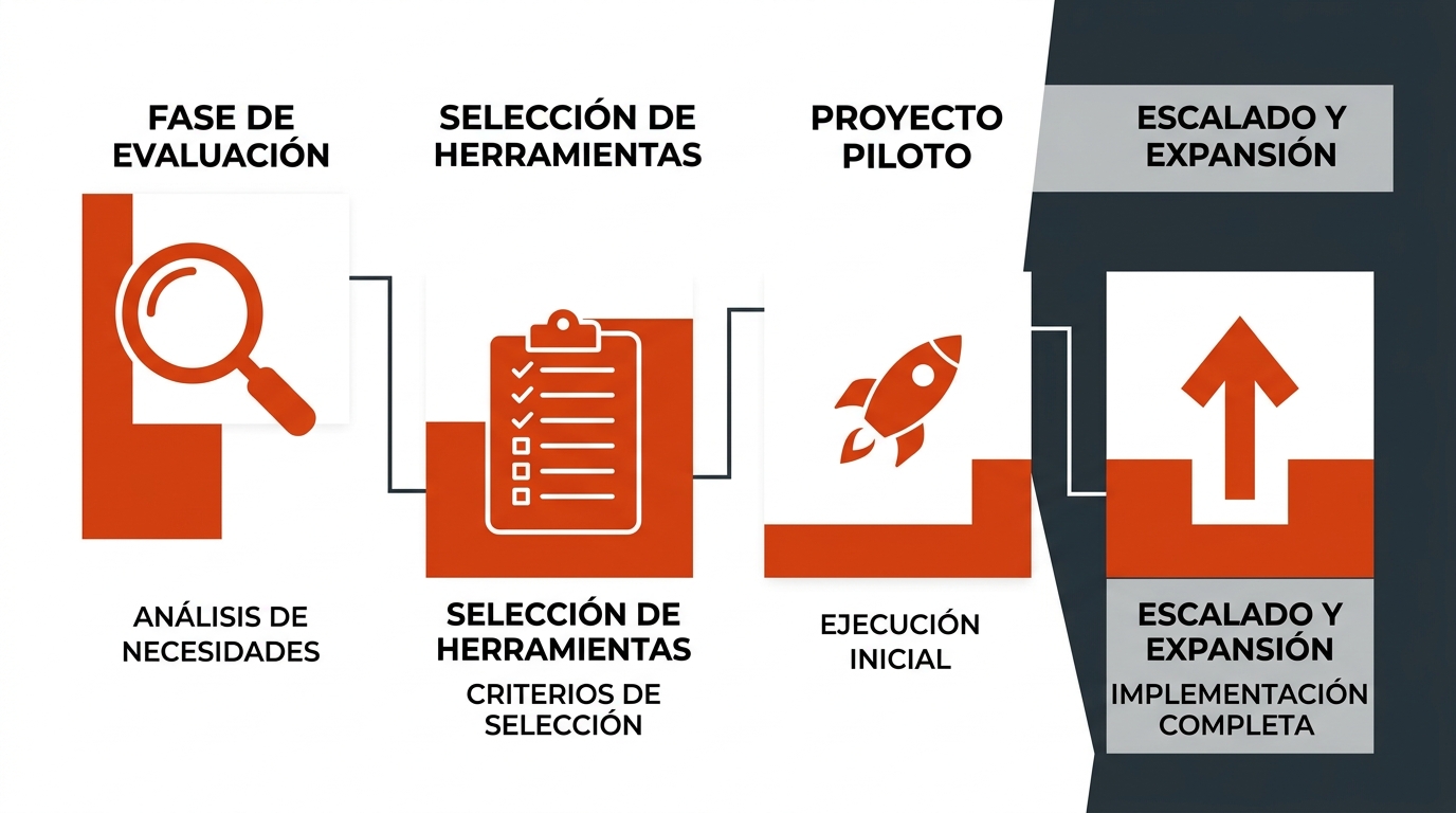Diagrama de flujo mostrando fases de evaluación e implementación de herramientas de IA en empresas con iconos conectados.