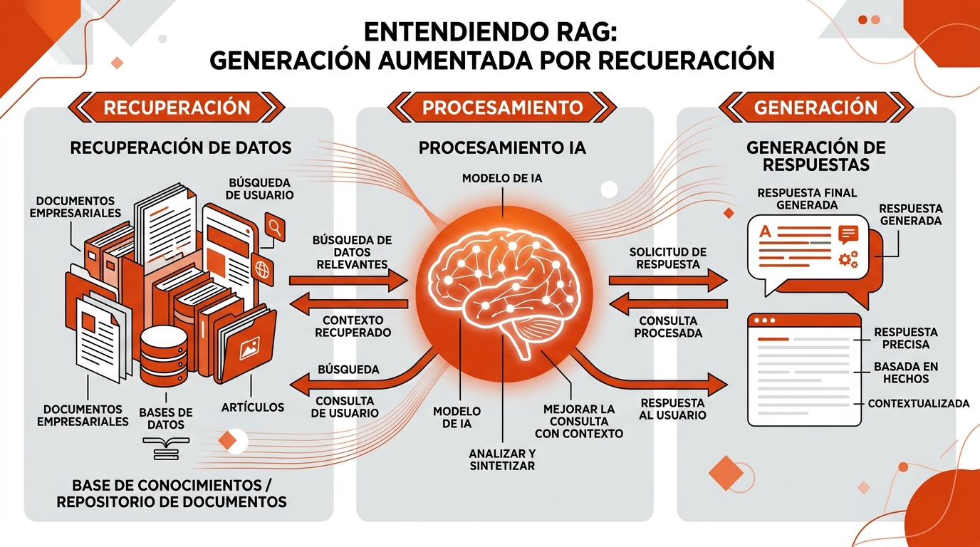 Representación visual del sistema RAG: base de datos empresarial conectada a modelo de IA que genera respuestas