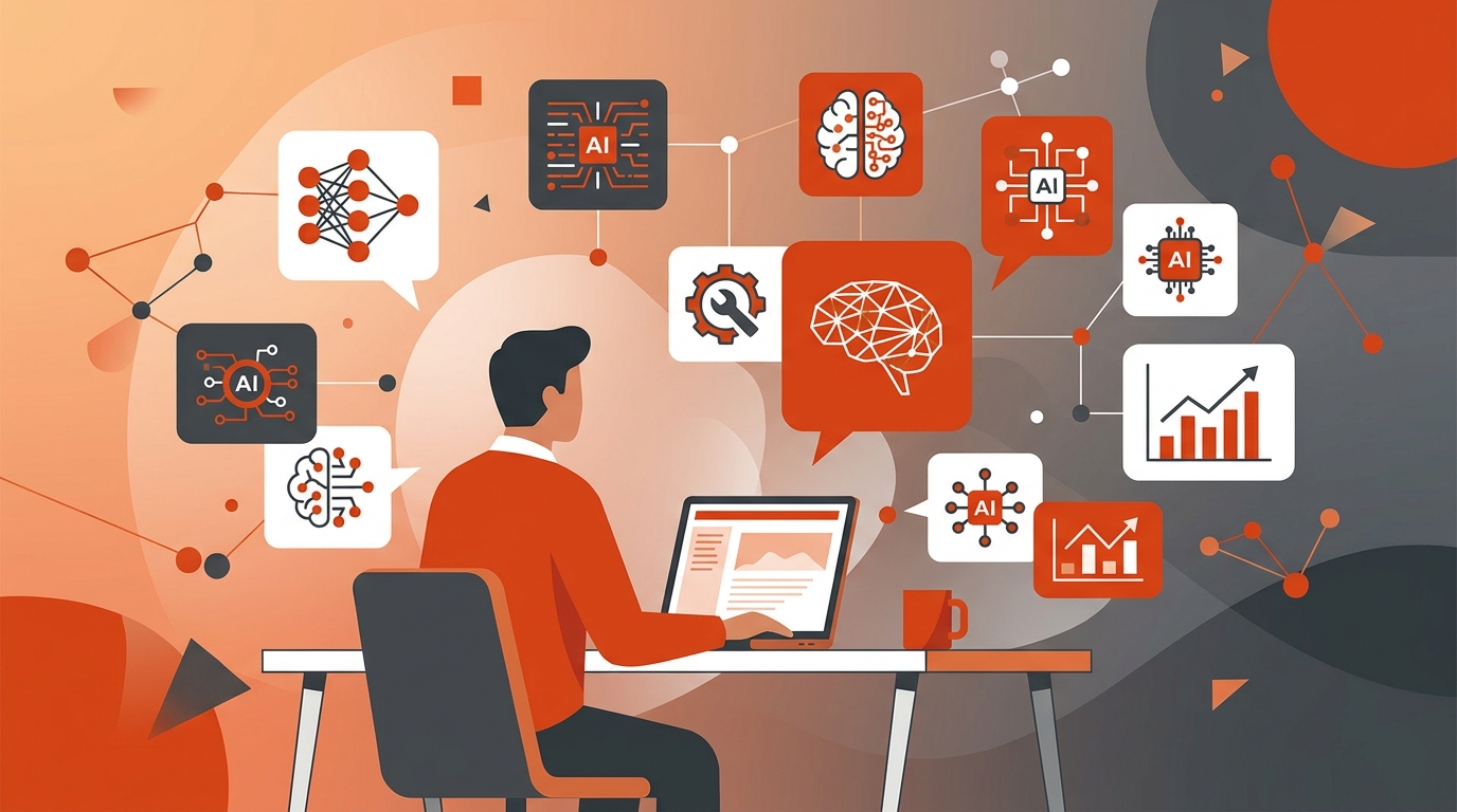 Empresario con laptop rodeado de iconos de inteligencia artificial y flujos de datos conectados en tonos naranja y gris.