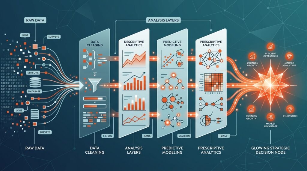 Flujo visual de datos transformándose en decisiones estratégicas mediante análisis competitivo progresivo.
